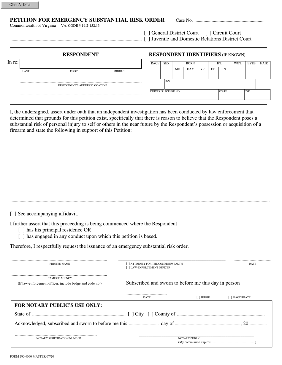 Form DC-4060 Petition for Emergency Substantial Risk Order - Virginia, Page 1