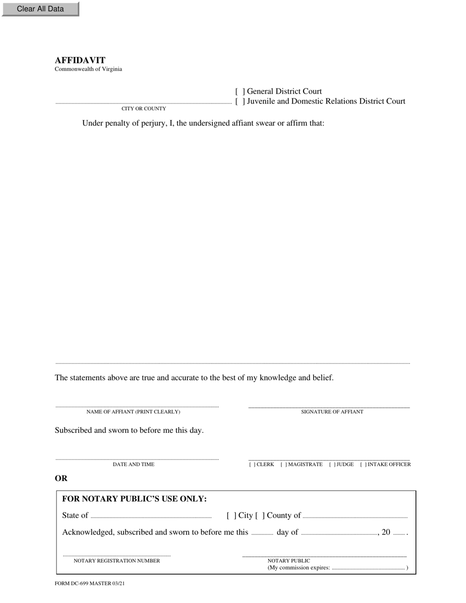Form DC-699 Affidavit - Virginia, Page 1