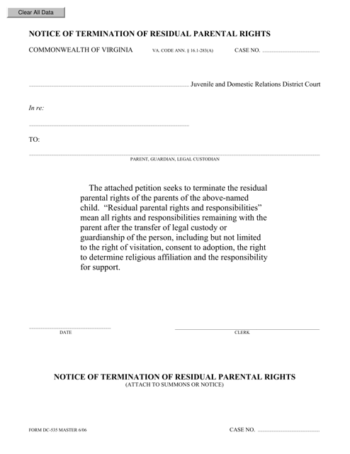 Form DC-535 Notice of Termination of Residual Parental Rights - Virginia