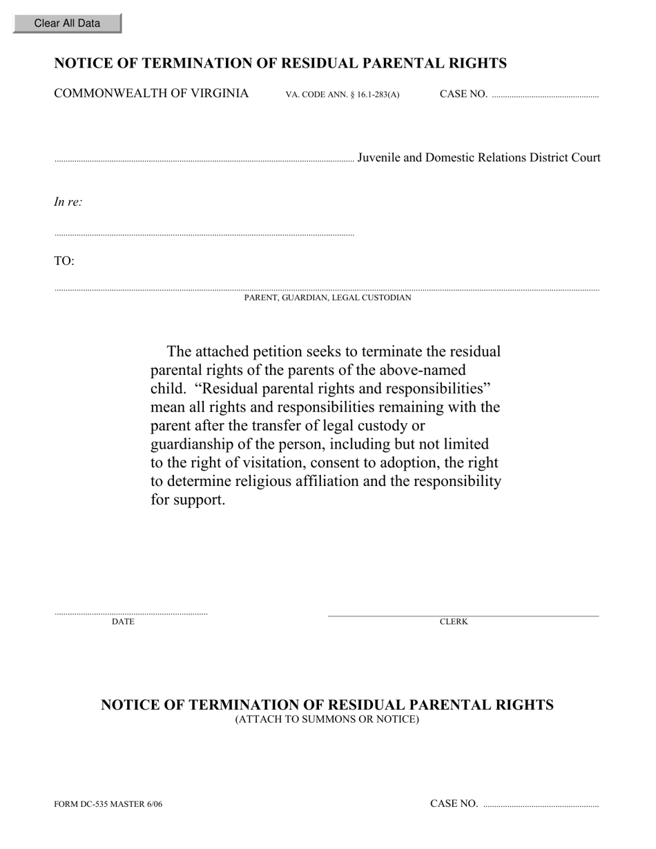 Form DC-535 Notice of Termination of Residual Parental Rights - Virginia, Page 1