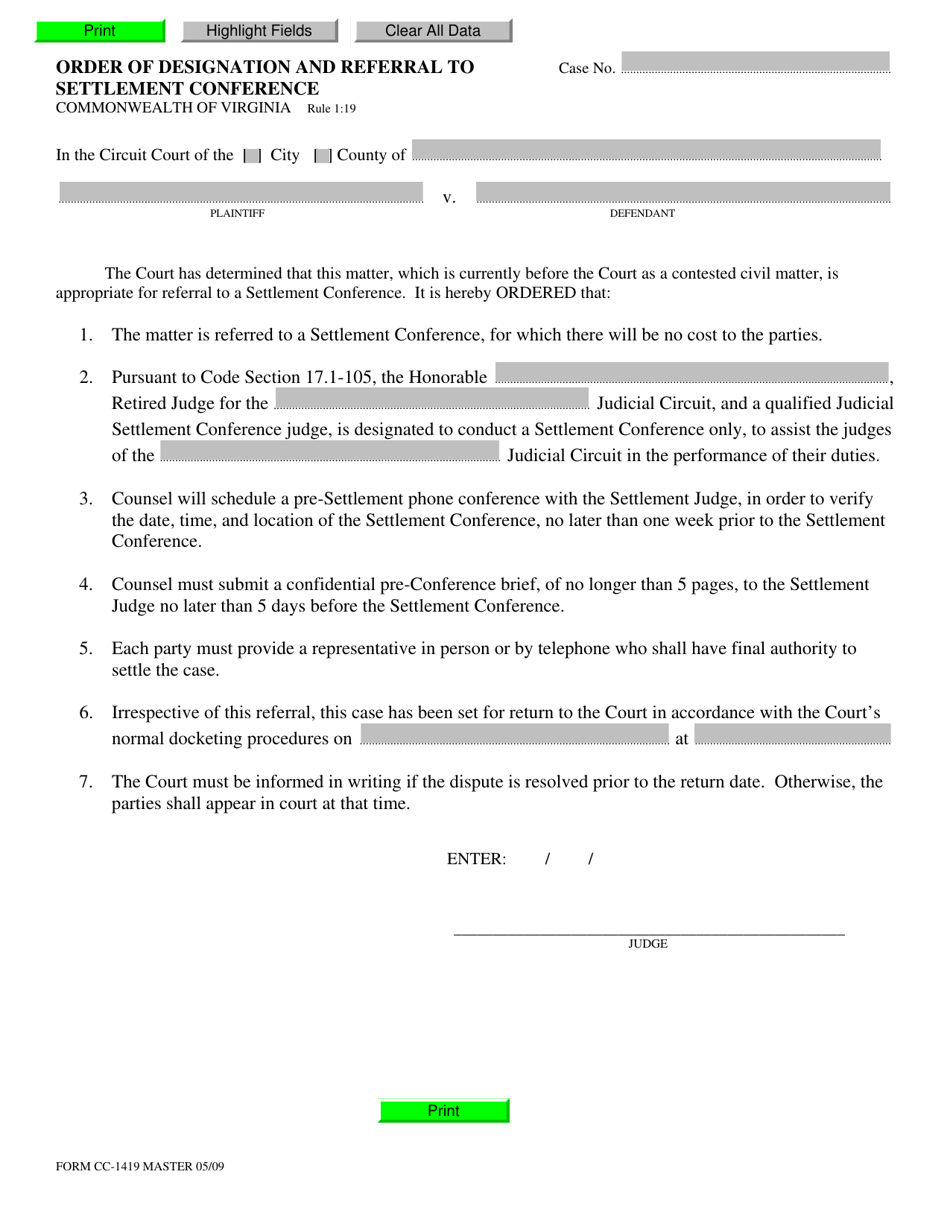 Form CC-1419 Order of Designation and Referral to Settlement Conference - Virginia, Page 1