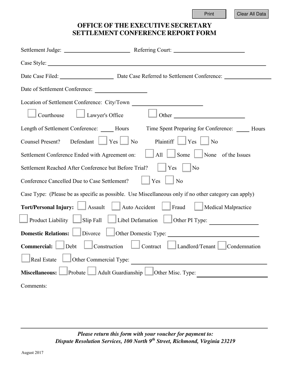 Settlement Conference Report Form - Virginia, Page 1