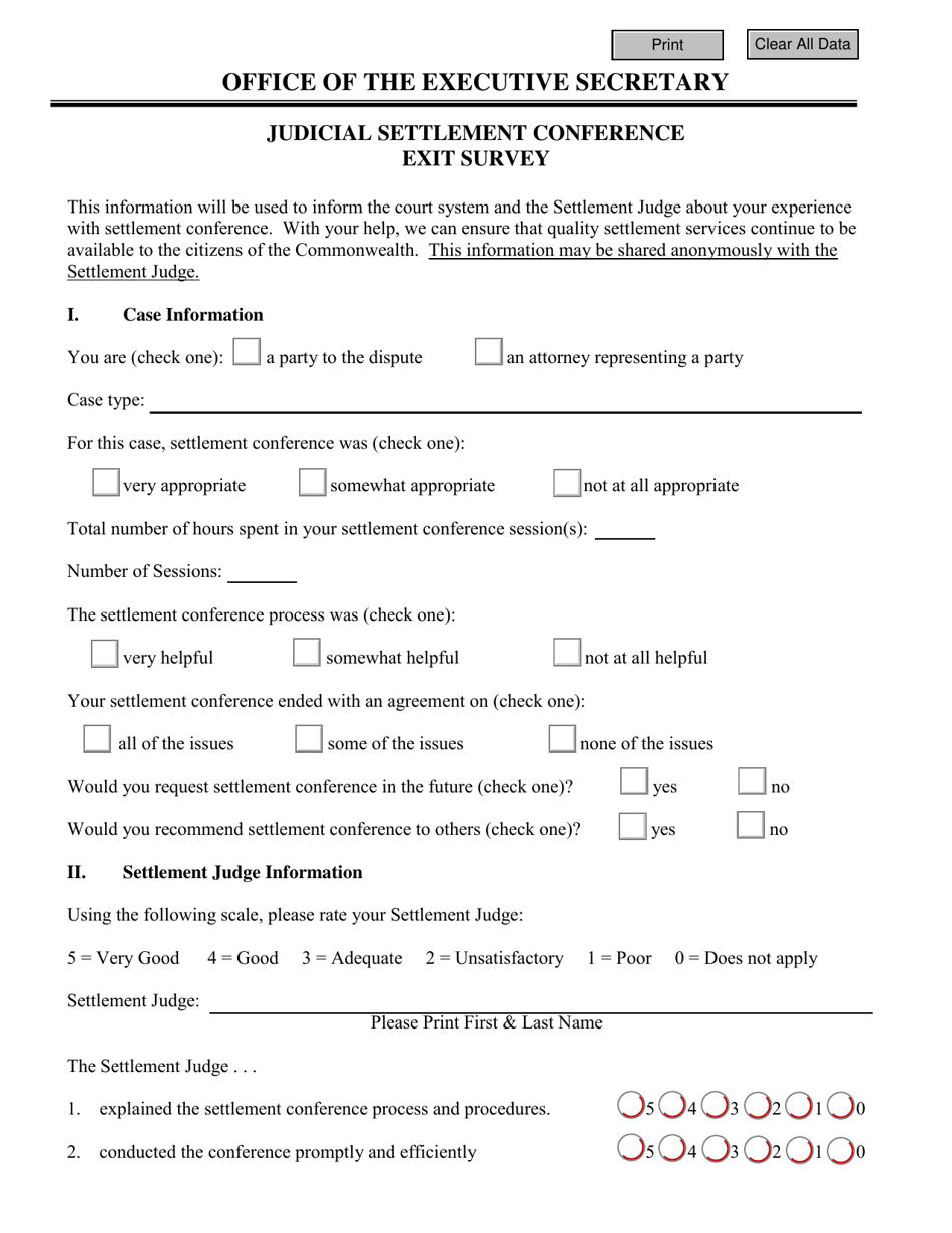 Form ADR-1009 Judicial Settlement Conference Exit Survey - Virginia, Page 1