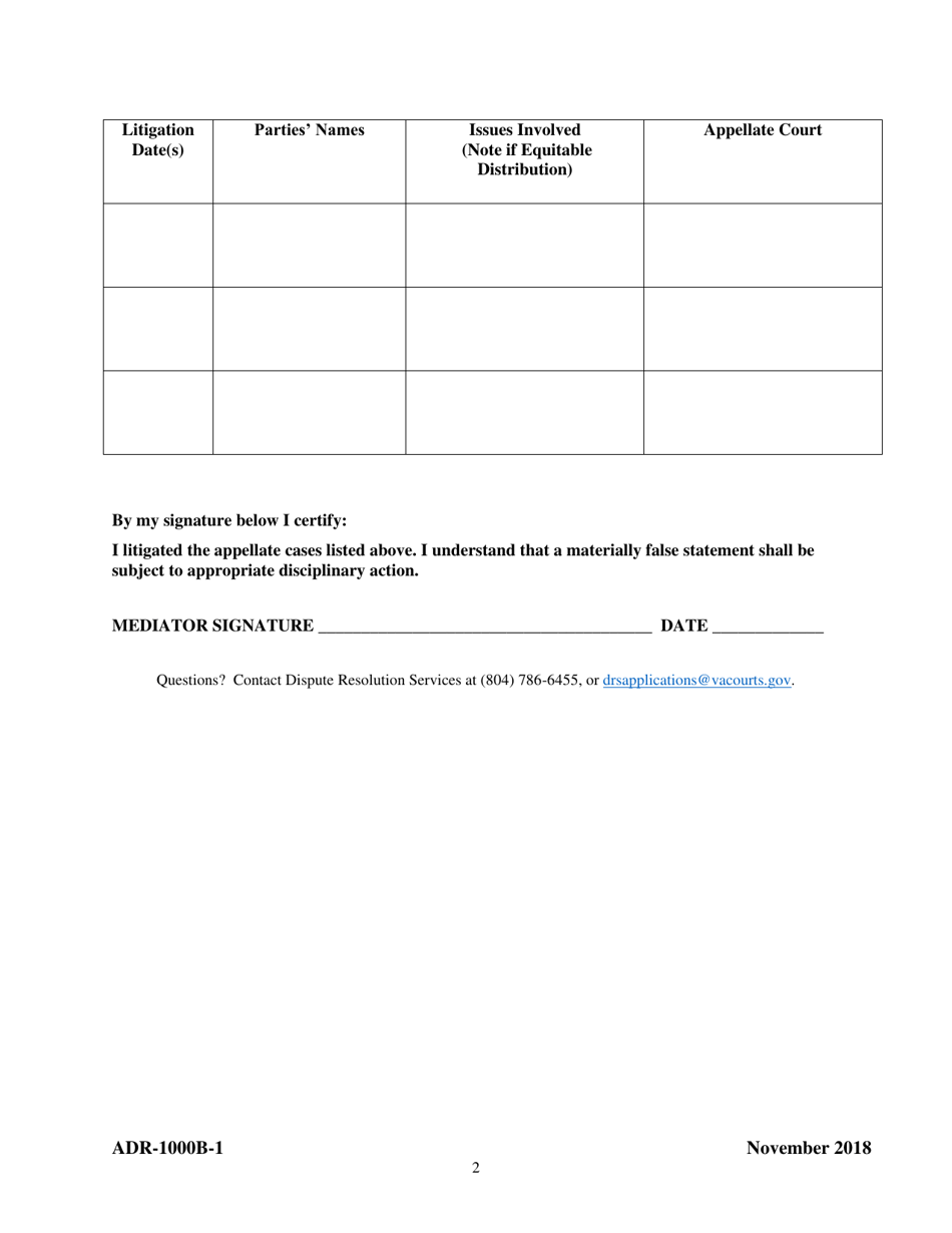 Form ADR-1000B-1 Certification of Appellate Litigation Experience for Appellate Mediation Certification - Virginia, Page 2