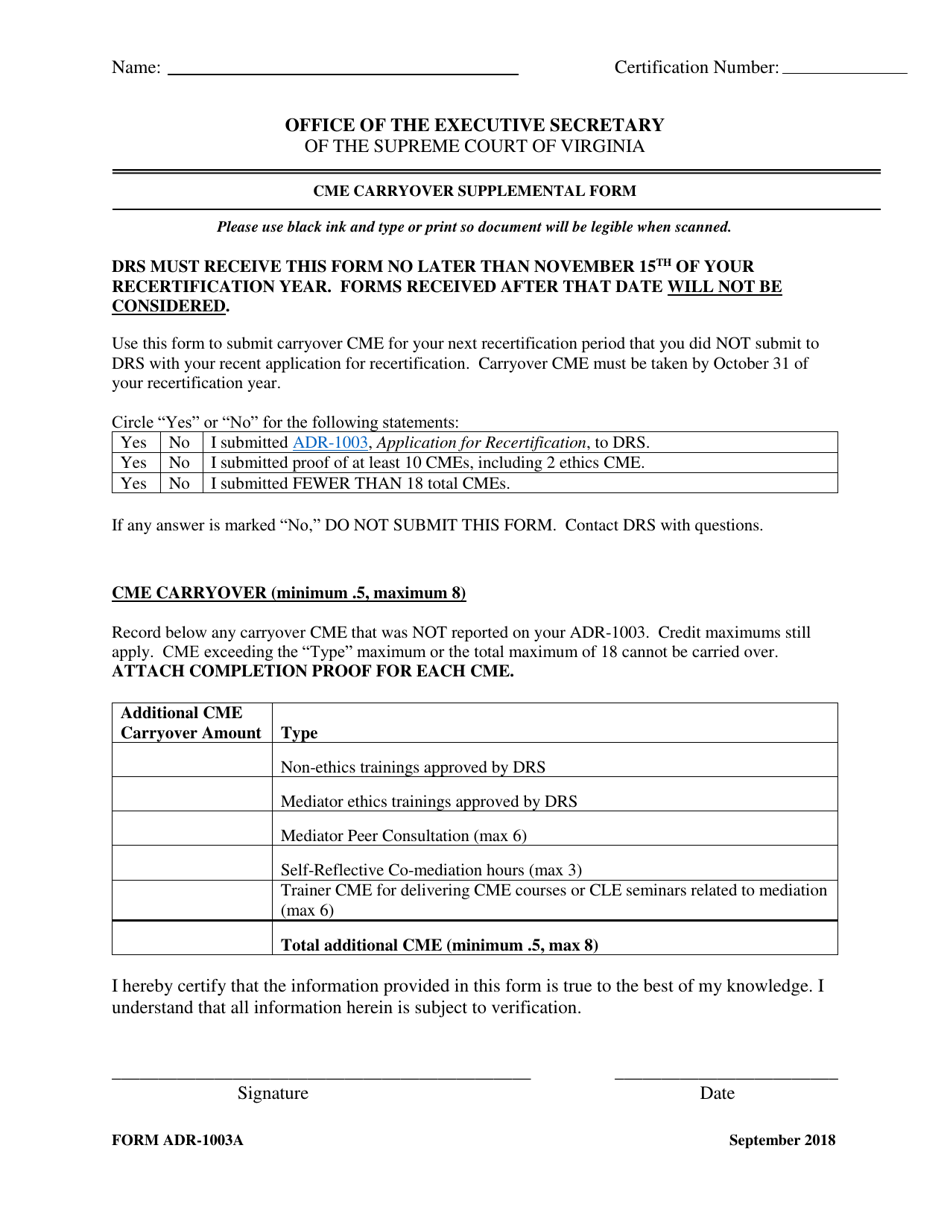 Form ADR-1003A Cme Carryover Supplemental Form - Virginia, Page 1