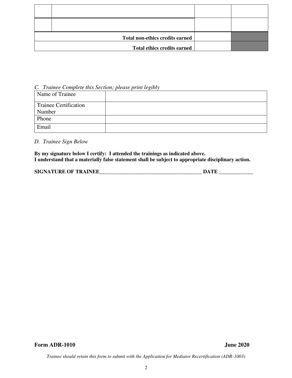 Form ADR-1010 Continuing Mediator Education (Cme) Proof of Attendance Certificate - Virginia, Page 2