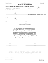 Instructions for Form DC-535 Notice of Termination of Residual Parental Rights - Virginia, Page 2