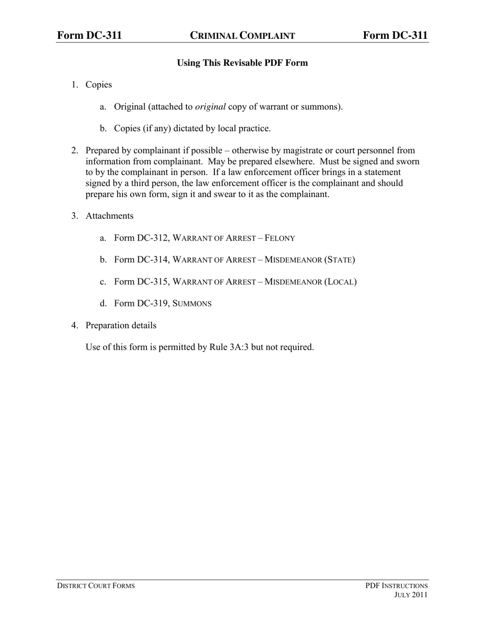 Instructions for Form DC-311 Criminal Complaint - Virginia, Page 1