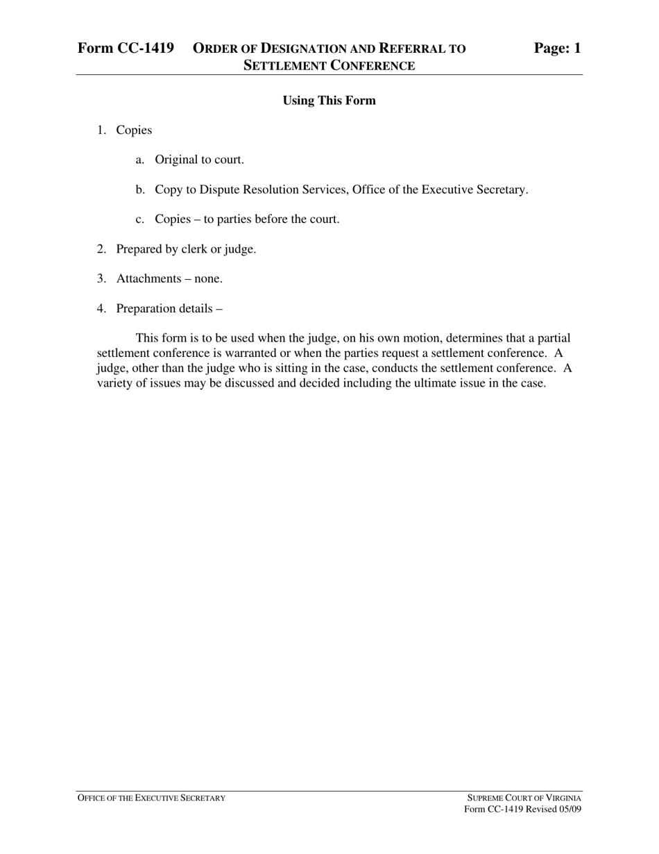 Instructions for Form CC-1419 Order of Designation and Referral to Settlement Conference - Virginia, Page 1