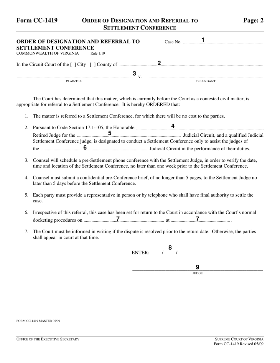 Instructions for Form CC-1419 Order of Designation and Referral to Settlement Conference - Virginia, Page 2