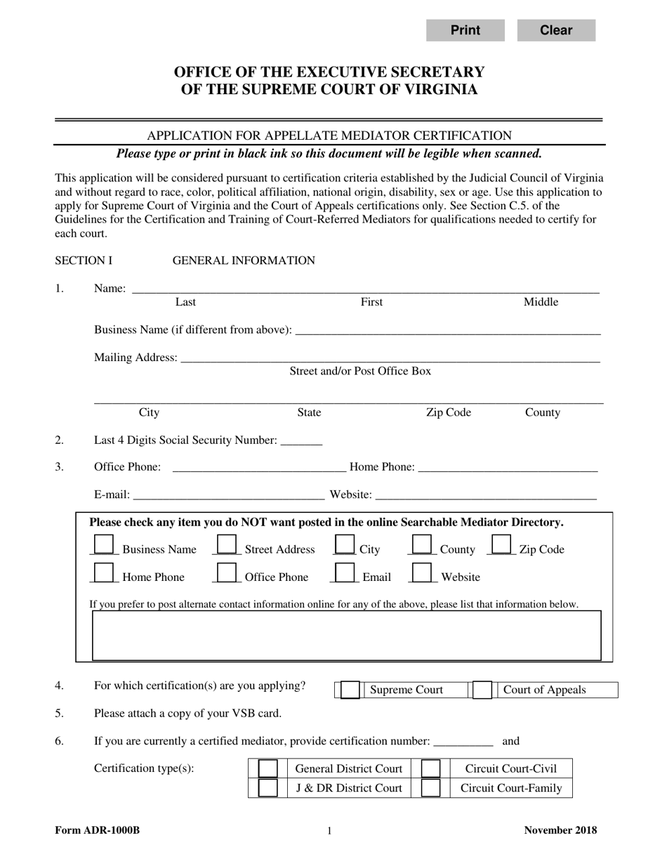 Form ADR-1000B Application for Appellate Mediator Certification - Virginia, Page 1