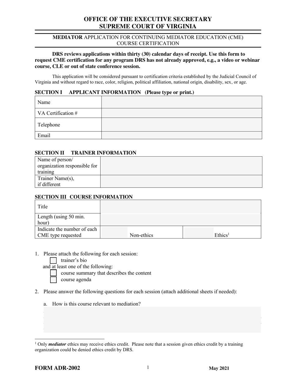 Form ADR-2002 Mediator Application for Continuing Mediator Education (Cme) Course Certification - Virginia, Page 1