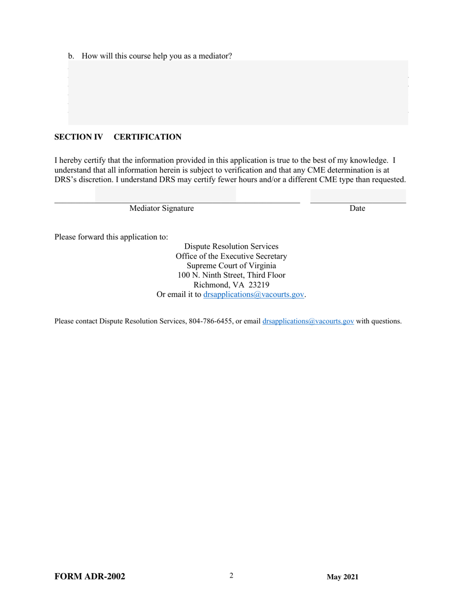 Form ADR-2002 Mediator Application for Continuing Mediator Education (Cme) Course Certification - Virginia, Page 2
