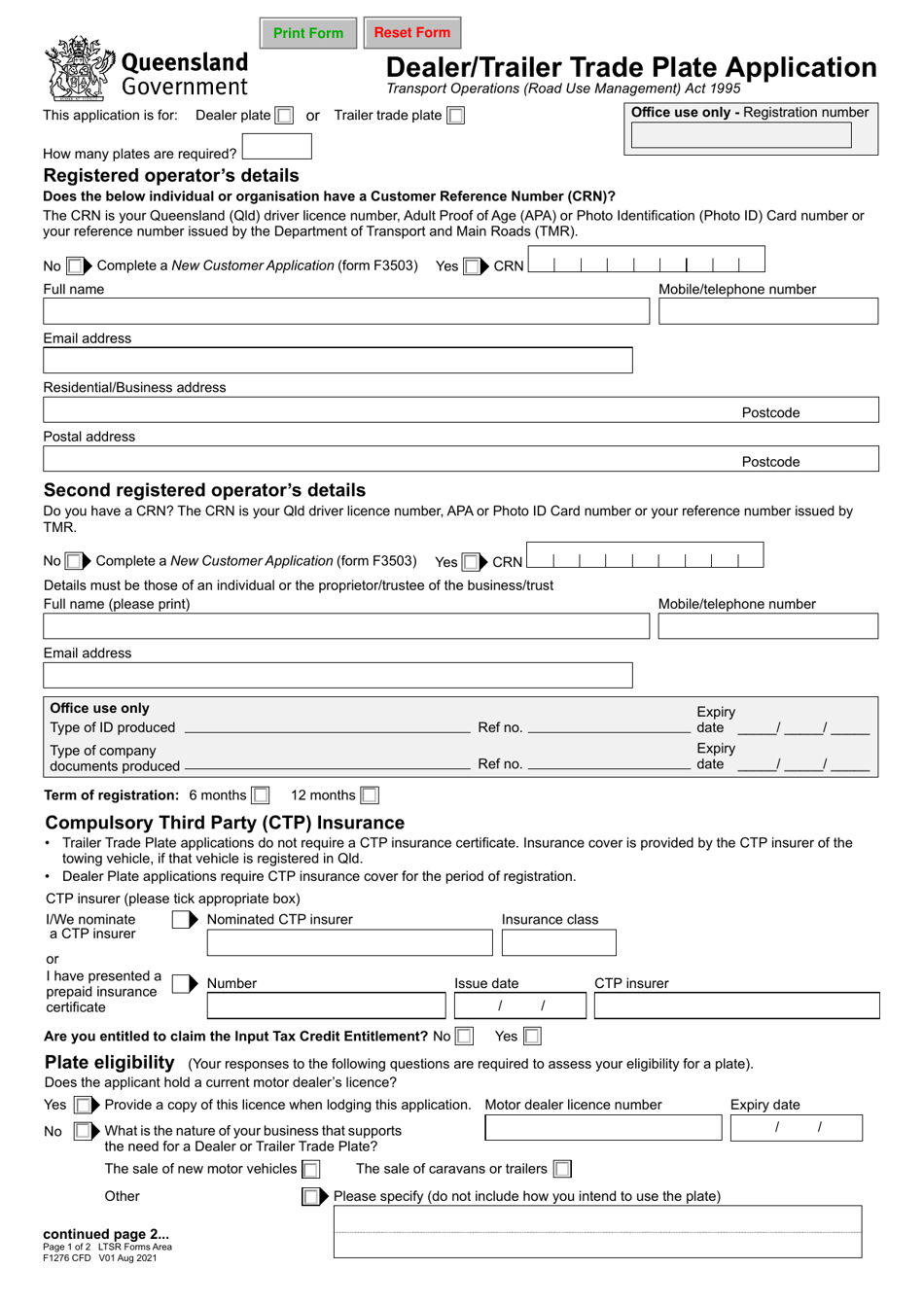 Form F1276 Dealer/Trailer Trade Plate Application - Queensland, Australia, Page 1