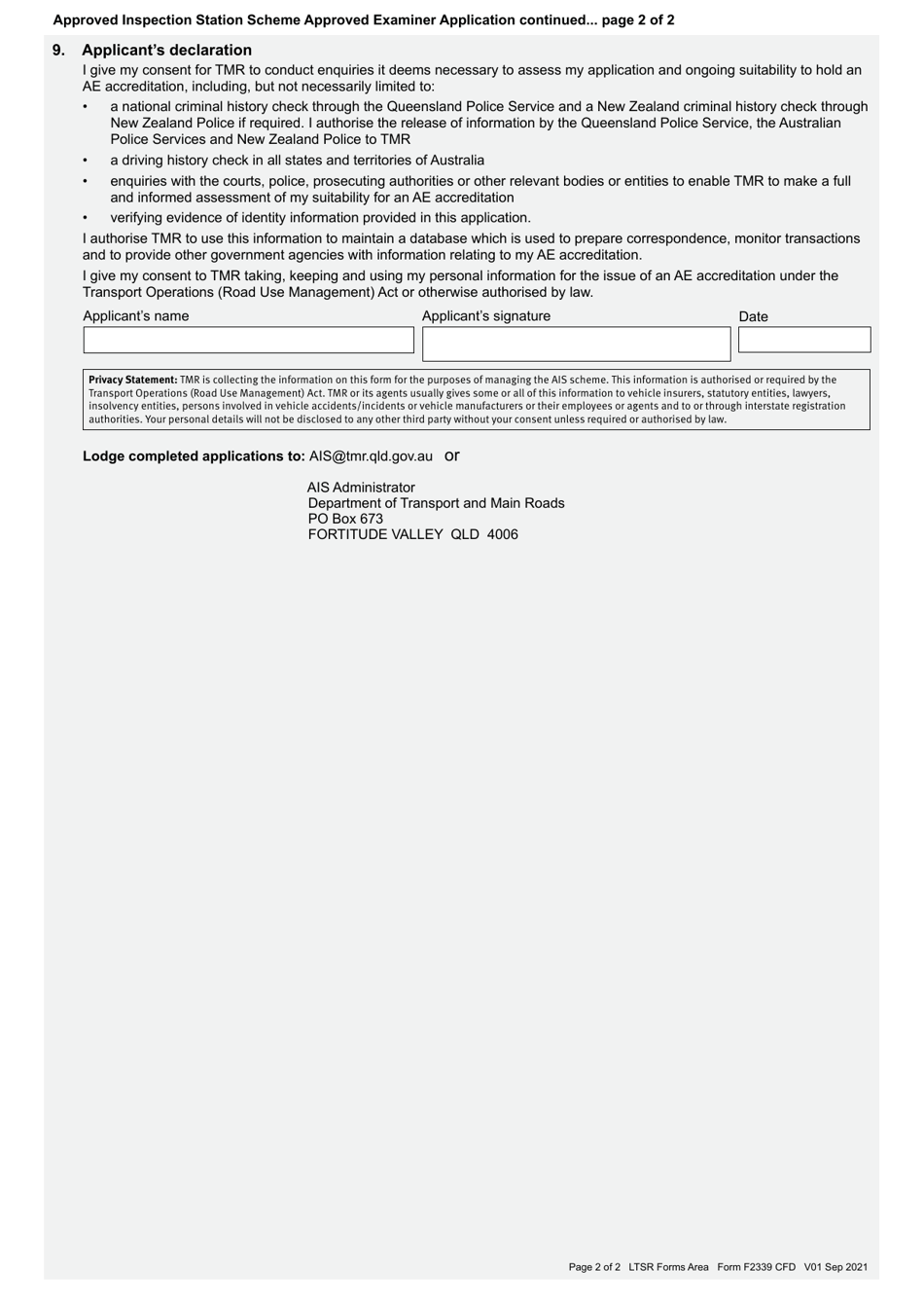 Form F2339 Approved Examiner Application - Approved Inspection Station Scheme - Queensland, Australia, Page 2