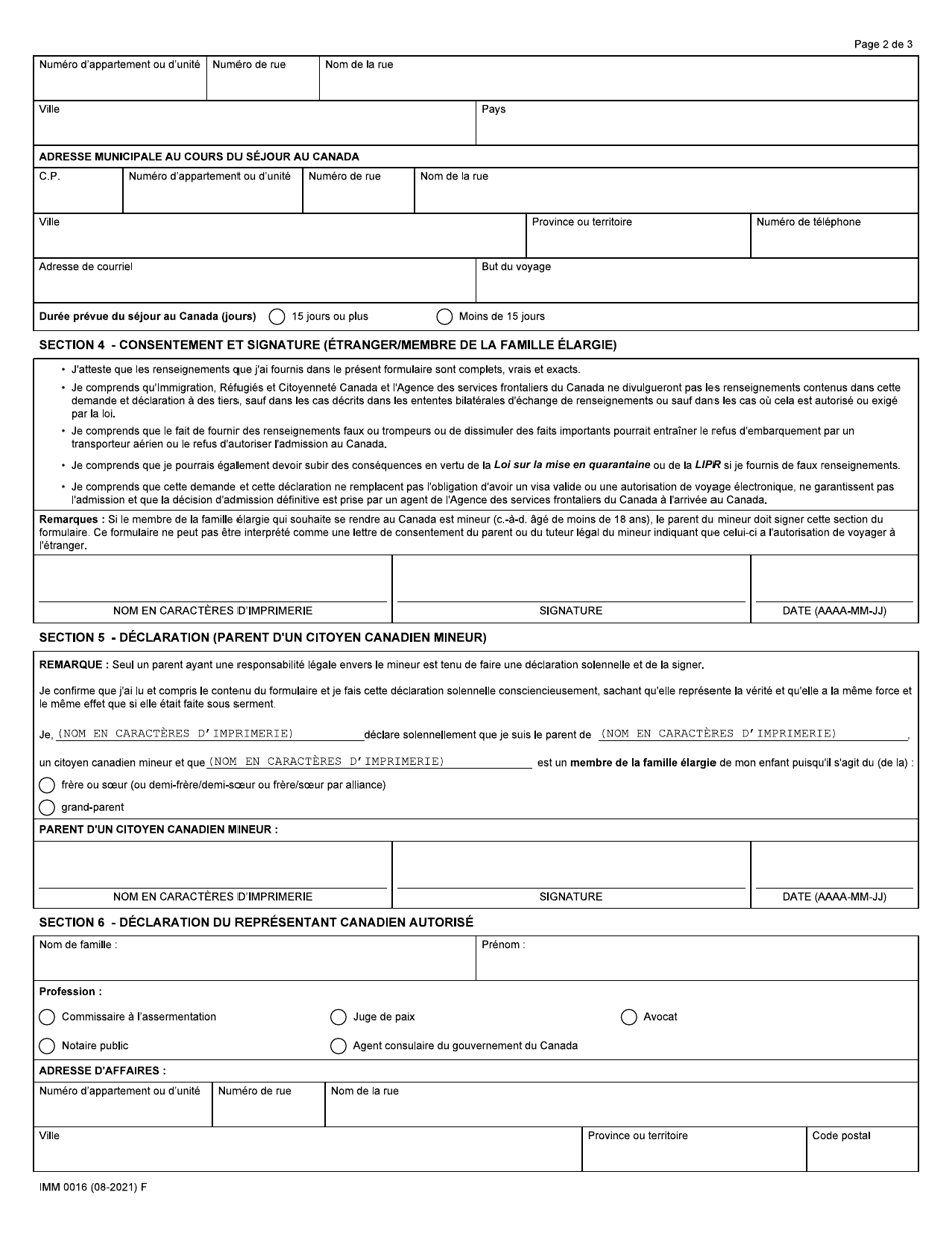 Forme IMM0016 Demande Dautorisation Et Declaration Solennelle Pour Le Parent Dun Mineur Aux Fins De Lentree Au Canada Pour Les Membres De La Famille Elargie Decrets Concernant La Covid-19 Pris En Vertu De La Loi Sur La Mise En Quarantaine - Canada (French), Page 2