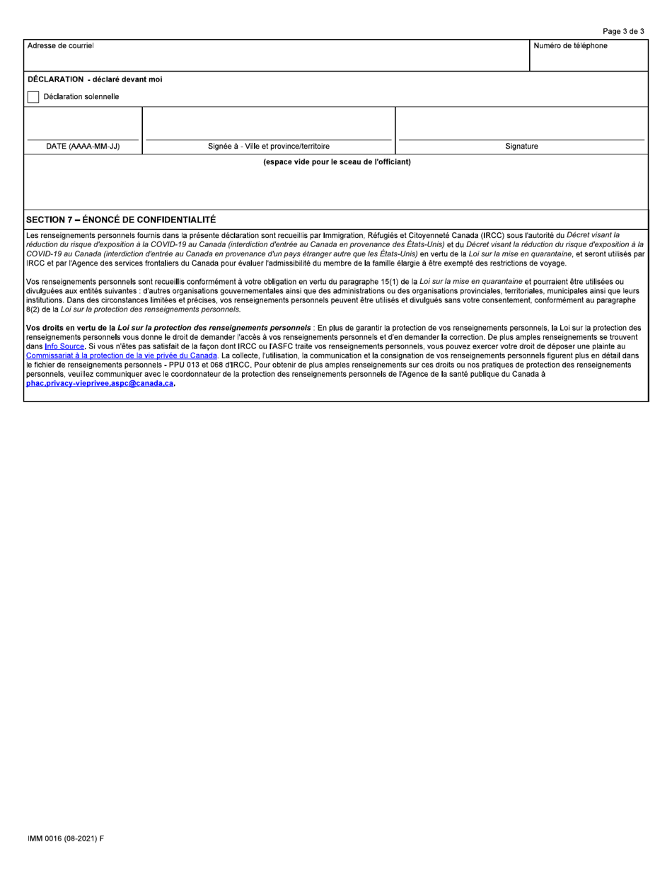 Forme IMM0016 Demande Dautorisation Et Declaration Solennelle Pour Le Parent Dun Mineur Aux Fins De Lentree Au Canada Pour Les Membres De La Famille Elargie Decrets Concernant La Covid-19 Pris En Vertu De La Loi Sur La Mise En Quarantaine - Canada (French), Page 3