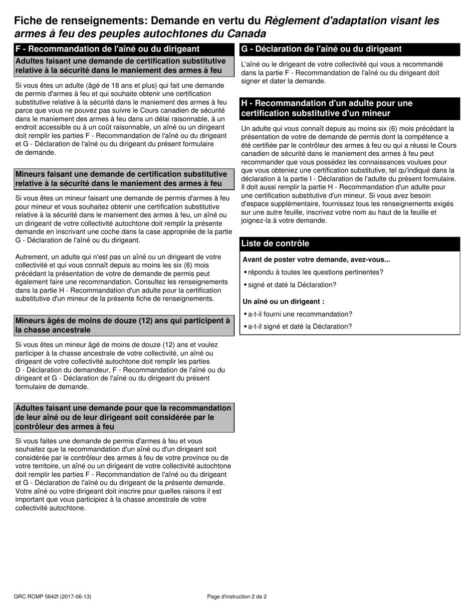 Forme GRC RCMP5642 Demande En Vertu Du Reglement Dadaptation Visant Les Armes a Feu DES Peuples Autochtones Du Canada - Canada (French), Page 2