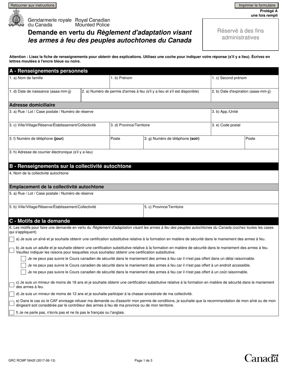 Forme GRC RCMP5642 Demande En Vertu Du Reglement Dadaptation Visant Les Armes a Feu DES Peuples Autochtones Du Canada - Canada (French), Page 3