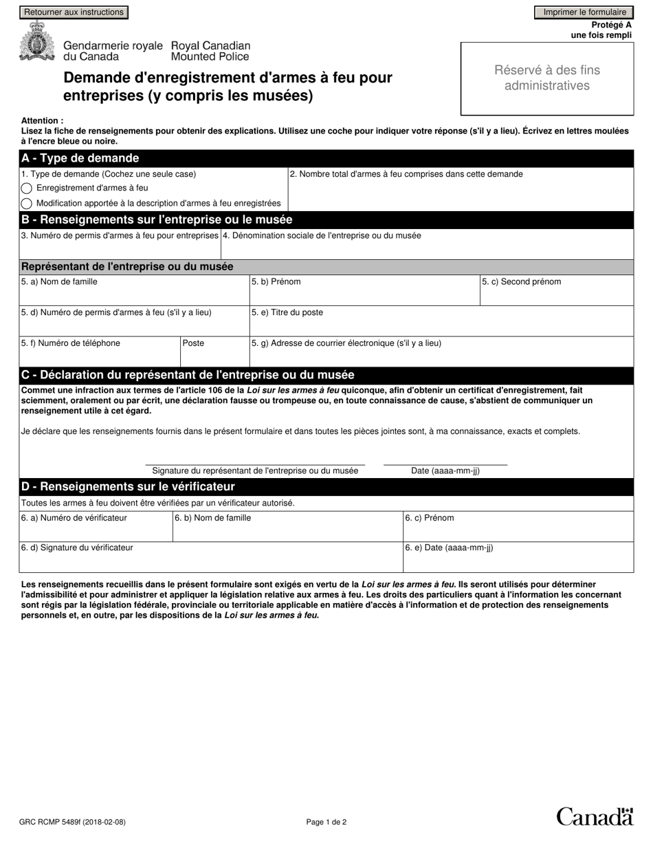 Forme GRC RCMP5489 Demande Denregistrement Darmes a Feu Pour Entreprises (Y Compris Les Musees) - Canada (French), Page 4