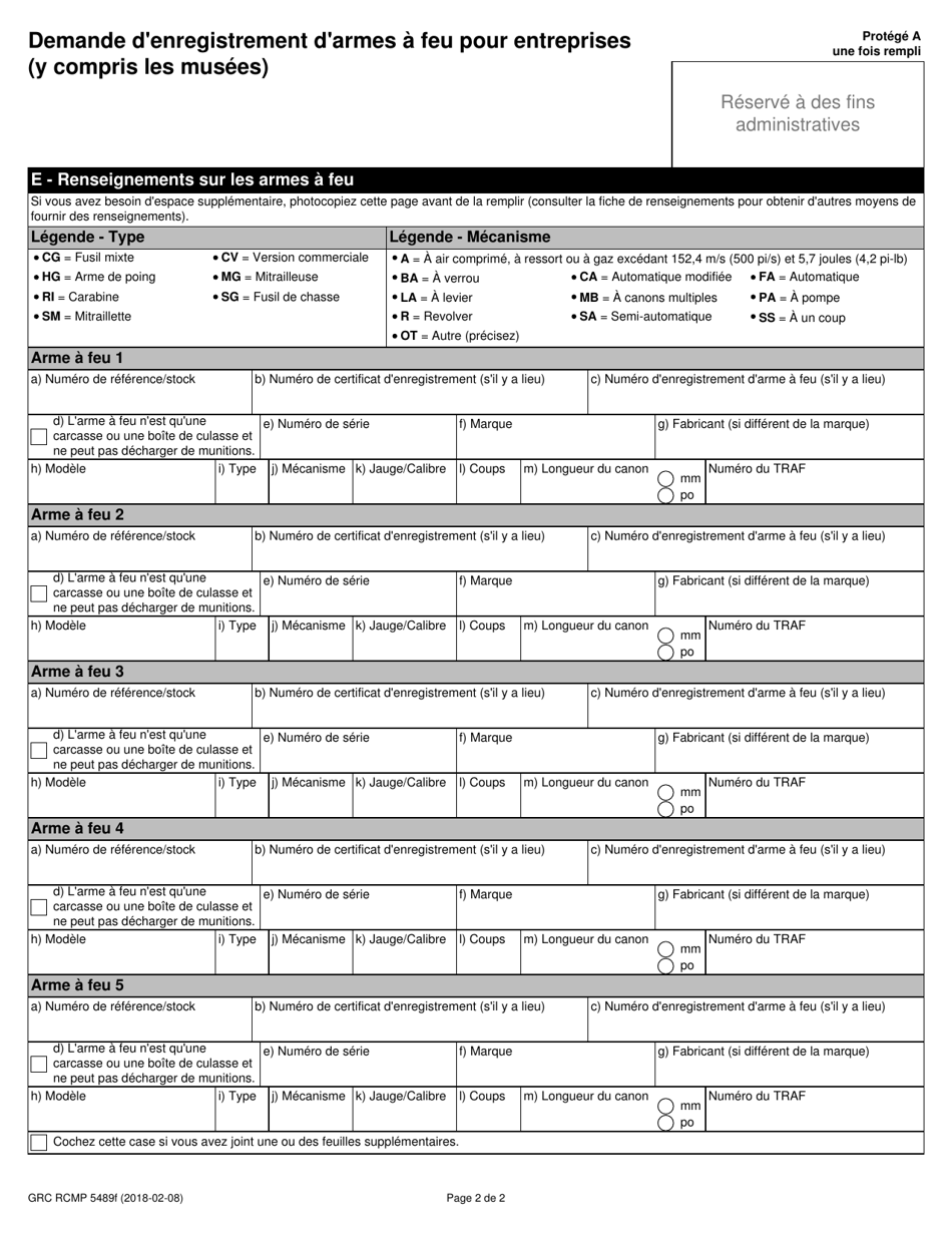 Forme GRC RCMP5489 Demande Denregistrement Darmes a Feu Pour Entreprises (Y Compris Les Musees) - Canada (French), Page 5