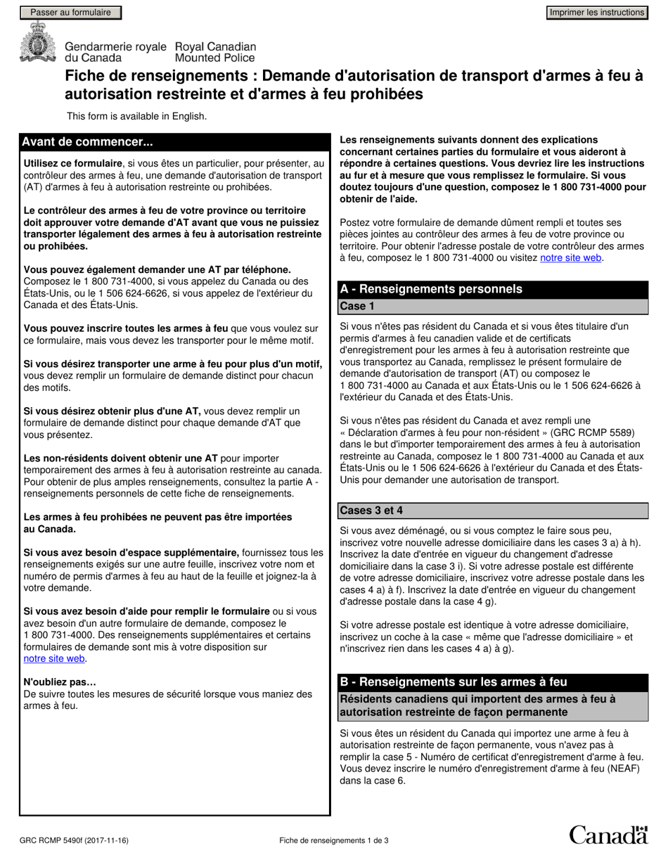 Forme GRC RCMP5490 Demande Dautorisation De Transport Darmes a Feu a Autorisation Restreinte Et Darmes a Feu Prohibees - Canada (French), Page 1