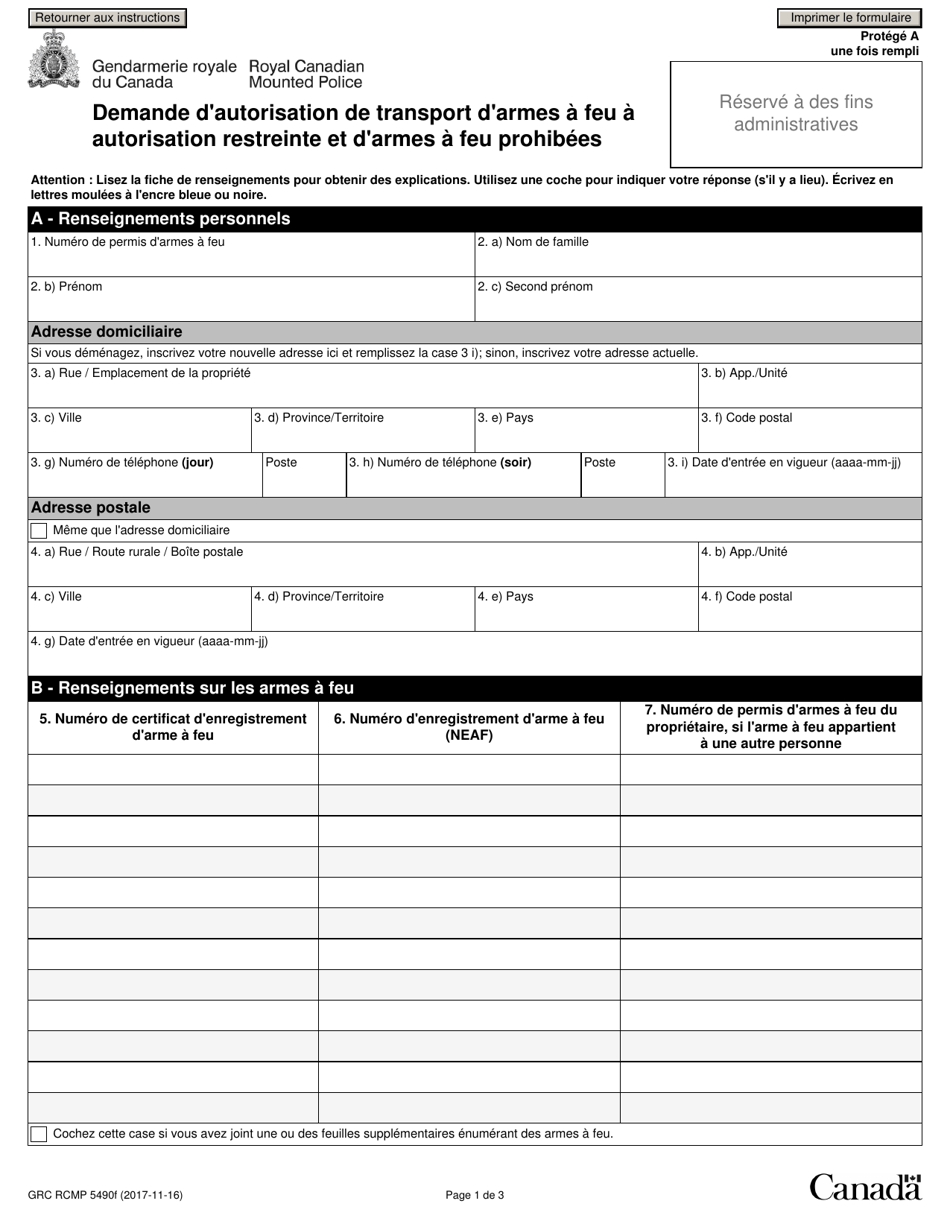 Forme GRC RCMP5490 Demande Dautorisation De Transport Darmes a Feu a Autorisation Restreinte Et Darmes a Feu Prohibees - Canada (French), Page 4