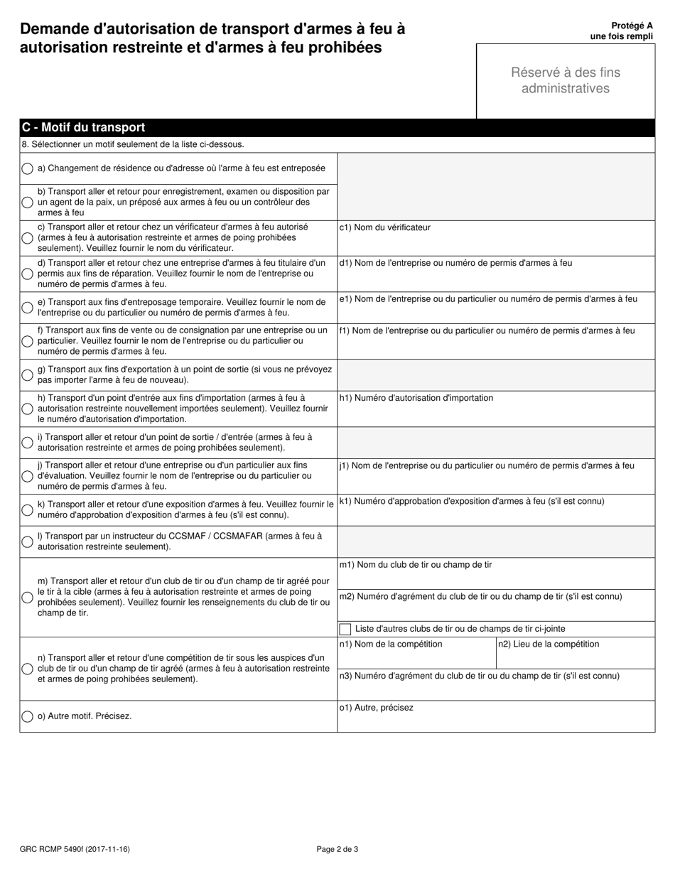 Forme GRC RCMP5490 Demande Dautorisation De Transport Darmes a Feu a Autorisation Restreinte Et Darmes a Feu Prohibees - Canada (French), Page 5