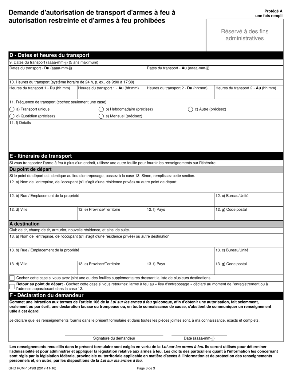 Forme GRC RCMP5490 Demande Dautorisation De Transport Darmes a Feu a Autorisation Restreinte Et Darmes a Feu Prohibees - Canada (French), Page 6