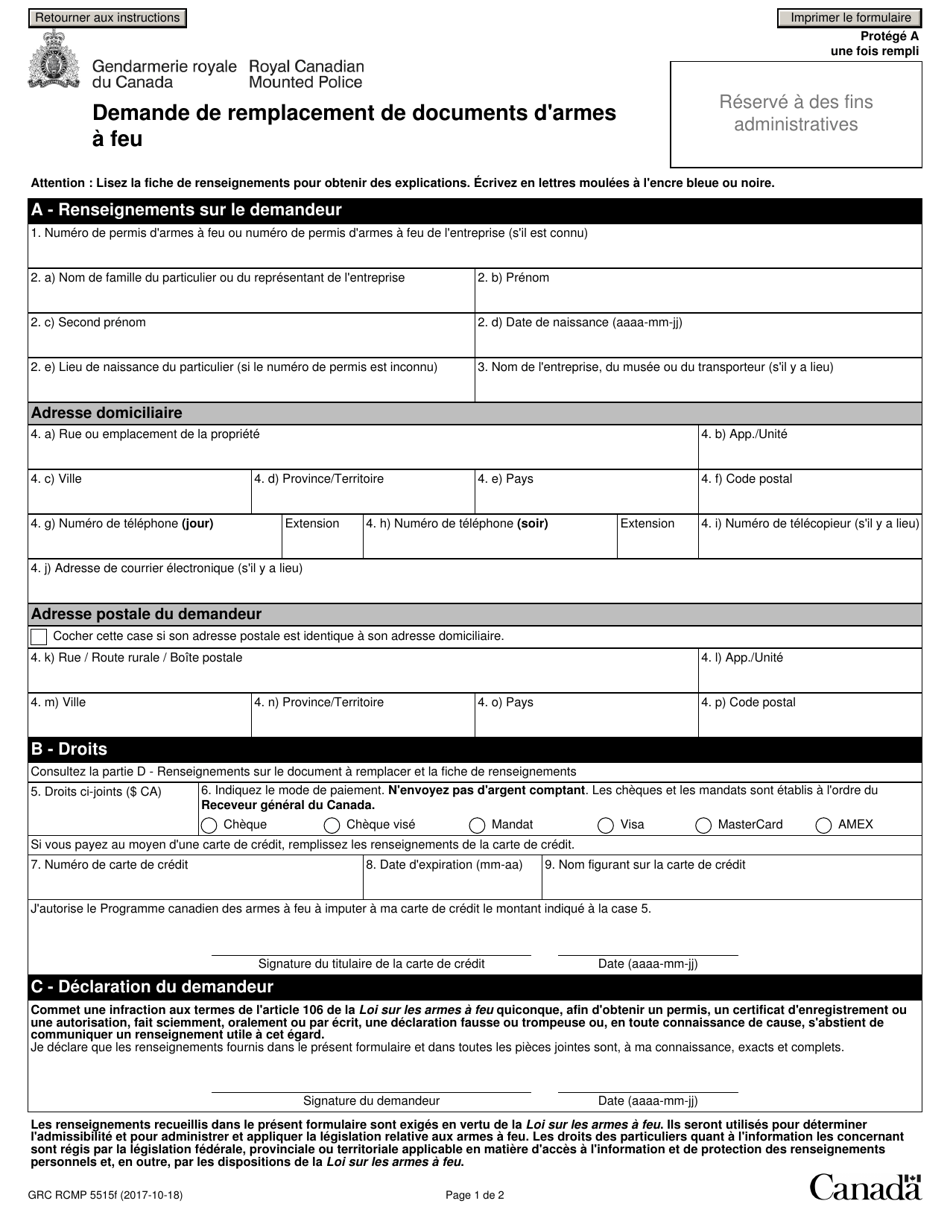 Forme GRC RCMP5515 Demande De Remplacement De Documents Darmes a Feu - Canada (French), Page 3