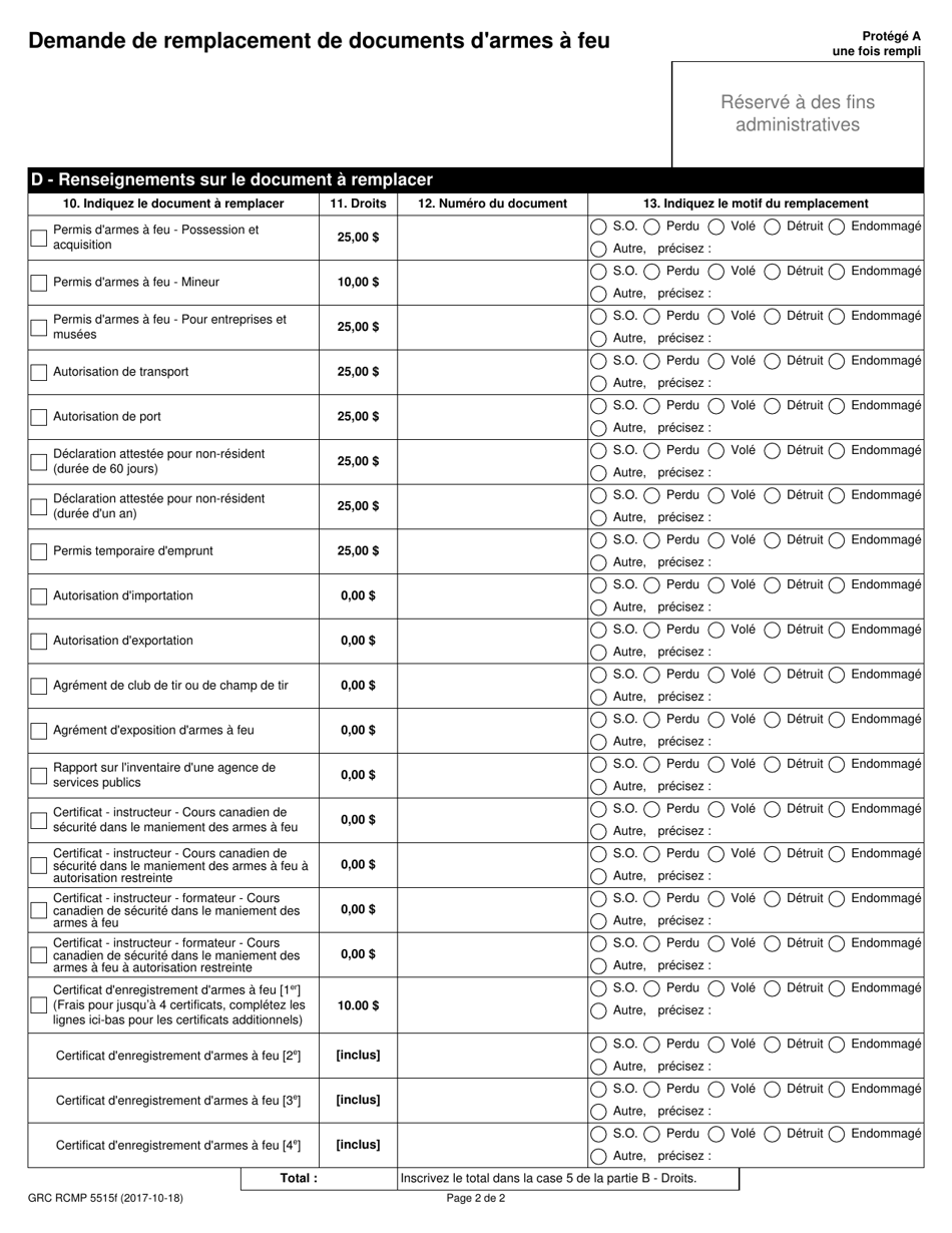 Forme GRC RCMP5515 Demande De Remplacement De Documents Darmes a Feu - Canada (French), Page 4