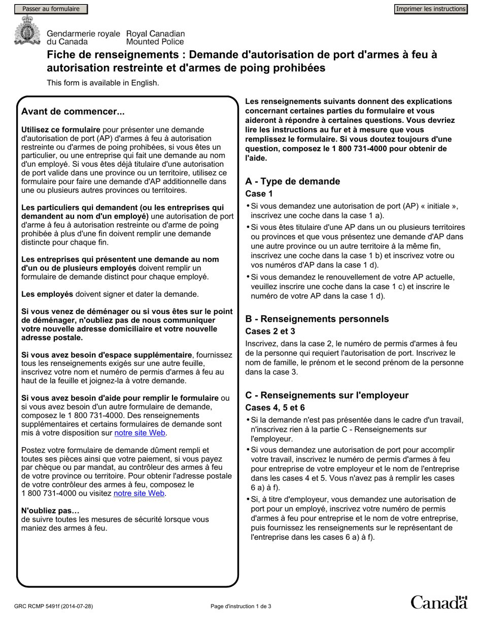 Forme GRC RCMP5491 Demande Dautorisation De Port Darmes a Feu a Autorisation Restreinte Et Darmes De Poing Prohibees - Canada (French), Page 1