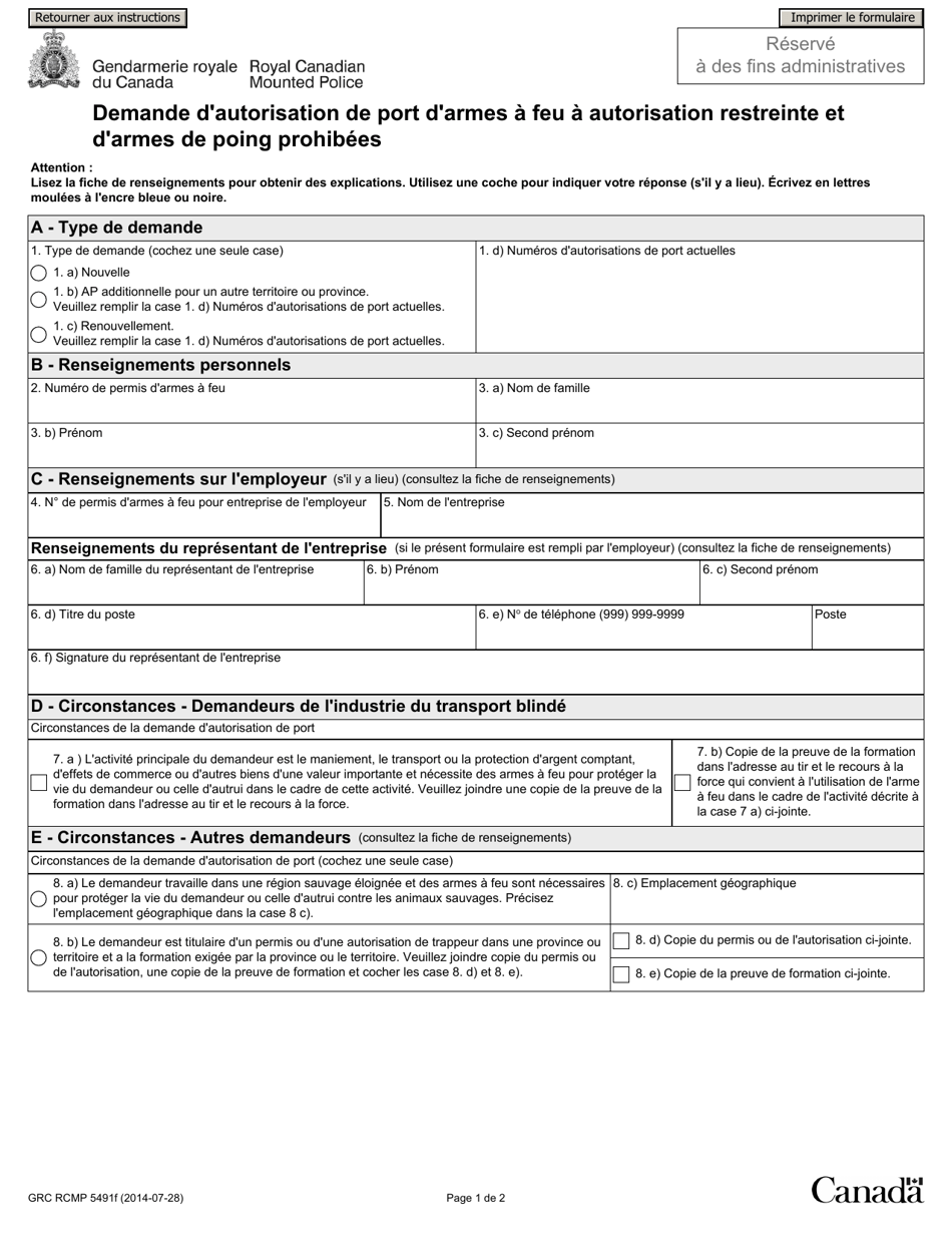 Forme GRC RCMP5491 Demande Dautorisation De Port Darmes a Feu a Autorisation Restreinte Et Darmes De Poing Prohibees - Canada (French), Page 4