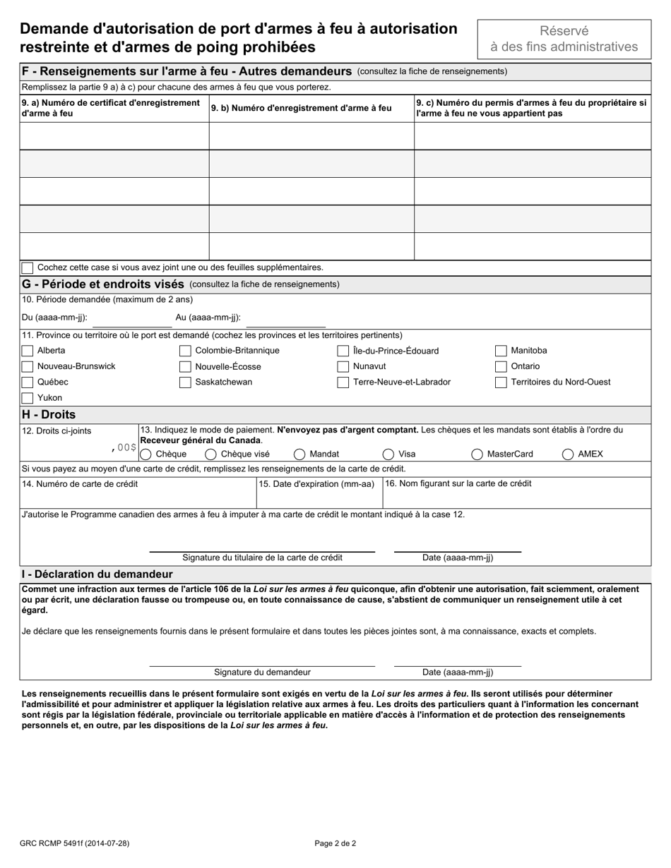 Forme GRC RCMP5491 Demande Dautorisation De Port Darmes a Feu a Autorisation Restreinte Et Darmes De Poing Prohibees - Canada (French), Page 5
