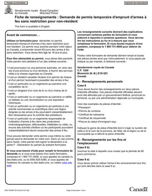 Forme GRC RCMP5513 Demande De Permis Temporaire D'emprunt D'armes a Feu Sans Restriction Pour Non-resident - Canada (French)