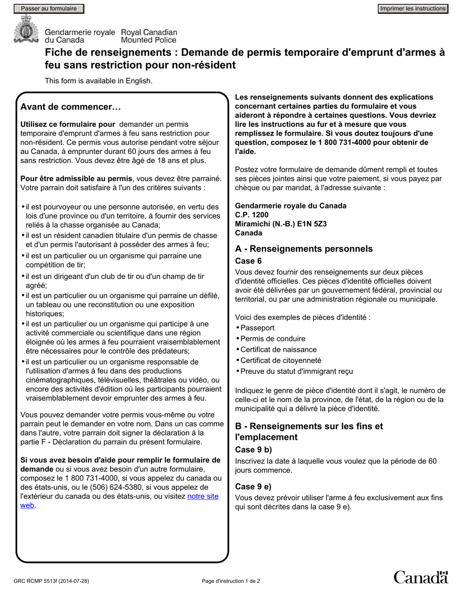 Forme GRC RCMP5513 Demande De Permis Temporaire Demprunt Darmes a Feu Sans Restriction Pour Non-resident - Canada (French), Page 1