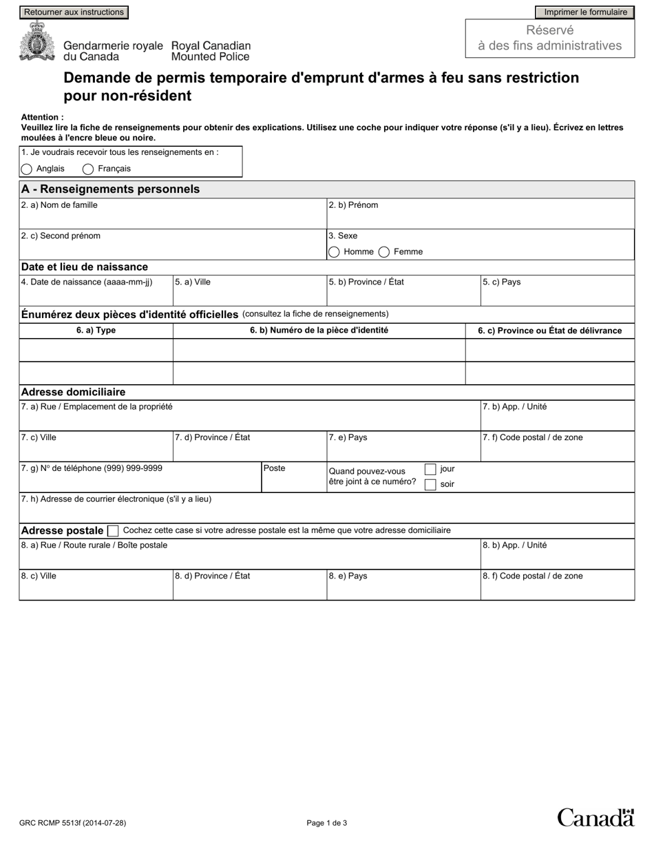 Forme GRC RCMP5513 Demande De Permis Temporaire Demprunt Darmes a Feu Sans Restriction Pour Non-resident - Canada (French), Page 3