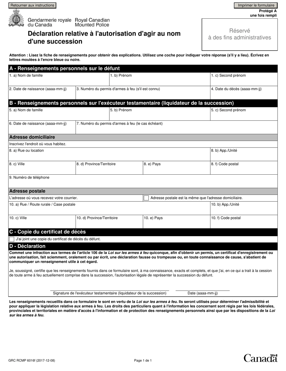 Forme GRC RCMP6016 Declaration Relative a Lautorisation Dagir Au Nom Dune Succession - Canada (French), Page 3