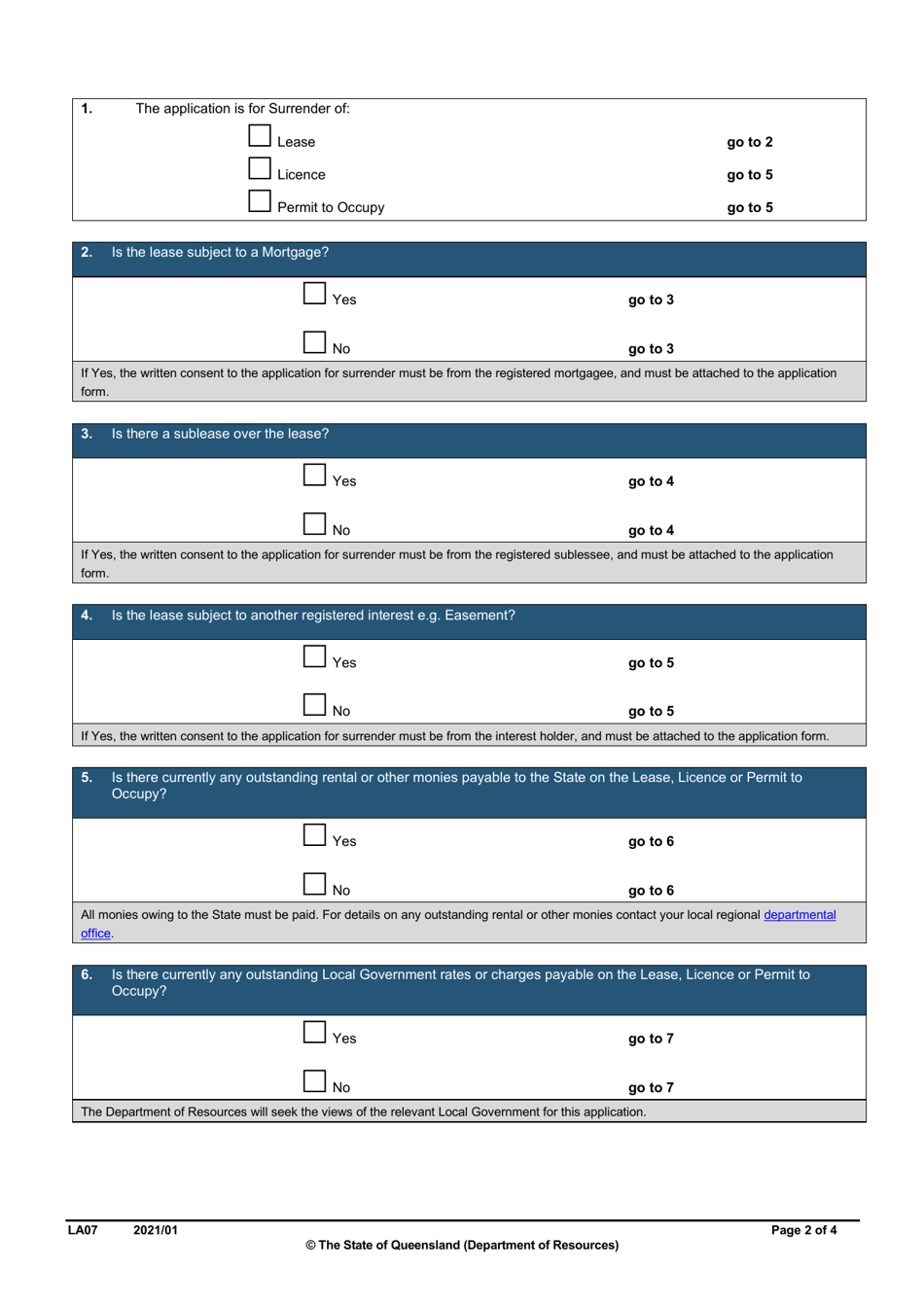 Form LA07 Part B Surrender of a Lease, Licence or Permit to Occupy Application - Queensland, Australia, Page 3