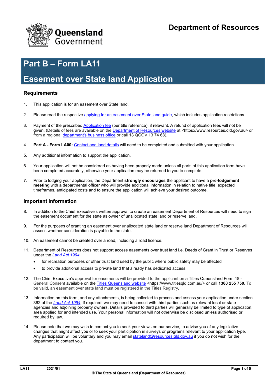 Form LA11 Part B Easement Over State Land Application - Queensland, Australia, Page 1