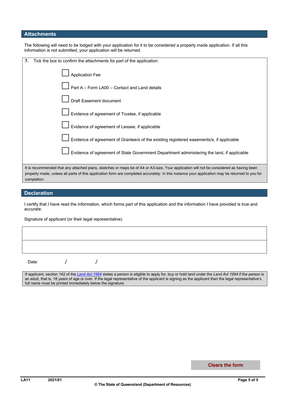 Form LA11 Part B Easement Over State Land Application - Queensland, Australia, Page 5