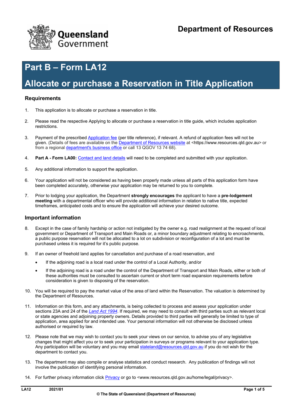 Form LA12 Part B Allocate or Purchase a Reservation in Title Application - Queensland, Australia, Page 1