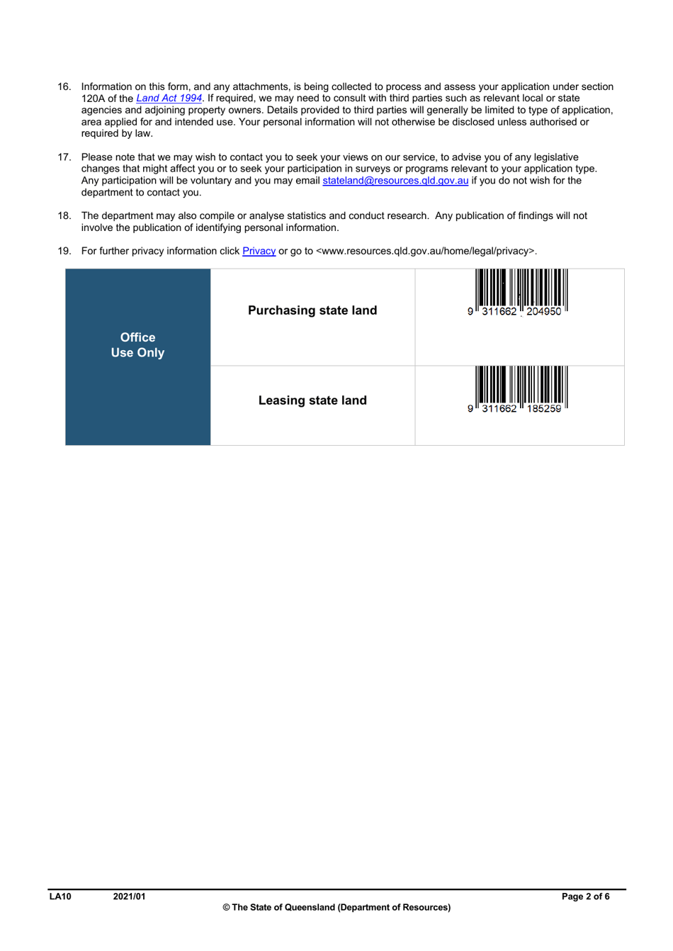 Form LA10 Part B Purchase or Lease State Land Application - Queensland, Australia, Page 2