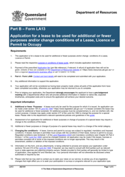 Form LA13 Part B Application for a Lease to Be Used for Additional or Fewer Purposes and/or Change Conditions of a Lease, Licence or Permit to Occupy - Queensland, Australia