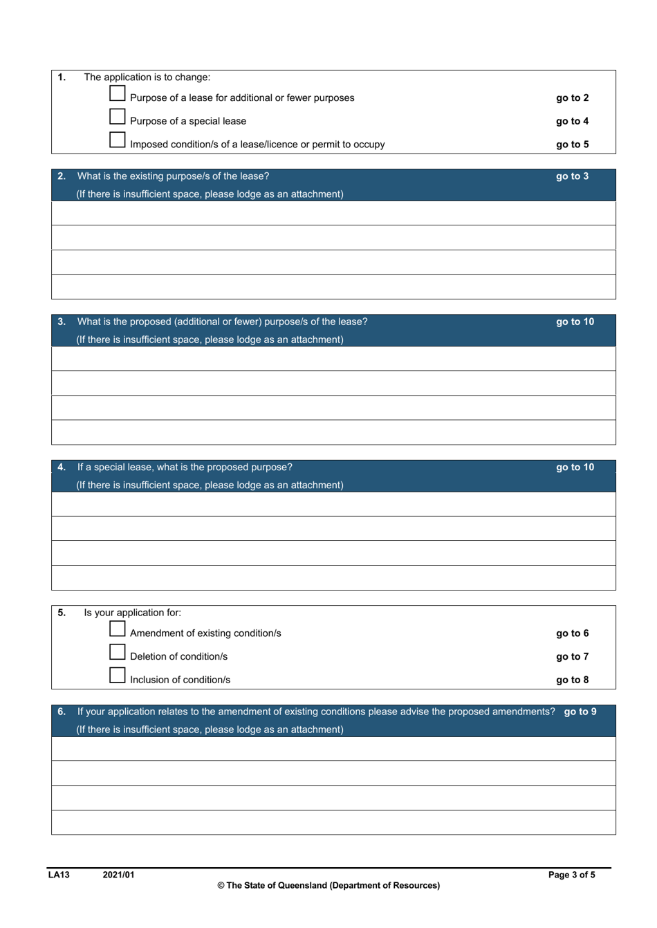 Form LA13 Part B Application for a Lease to Be Used for Additional or Fewer Purposes and / or Change Conditions of a Lease, Licence or Permit to Occupy - Queensland, Australia, Page 3