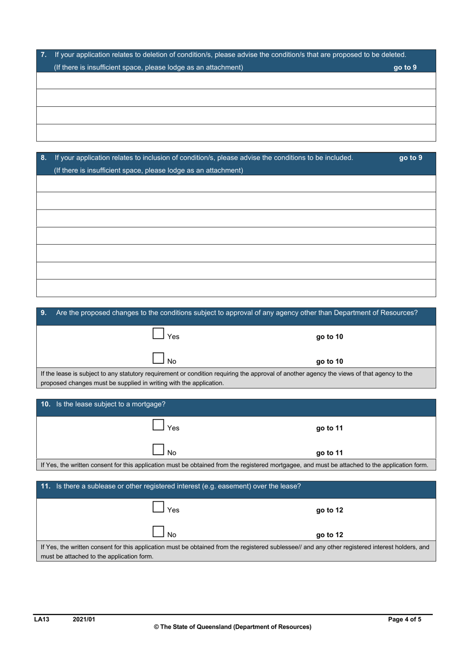 Form LA13 Part B Application for a Lease to Be Used for Additional or Fewer Purposes and / or Change Conditions of a Lease, Licence or Permit to Occupy - Queensland, Australia, Page 4