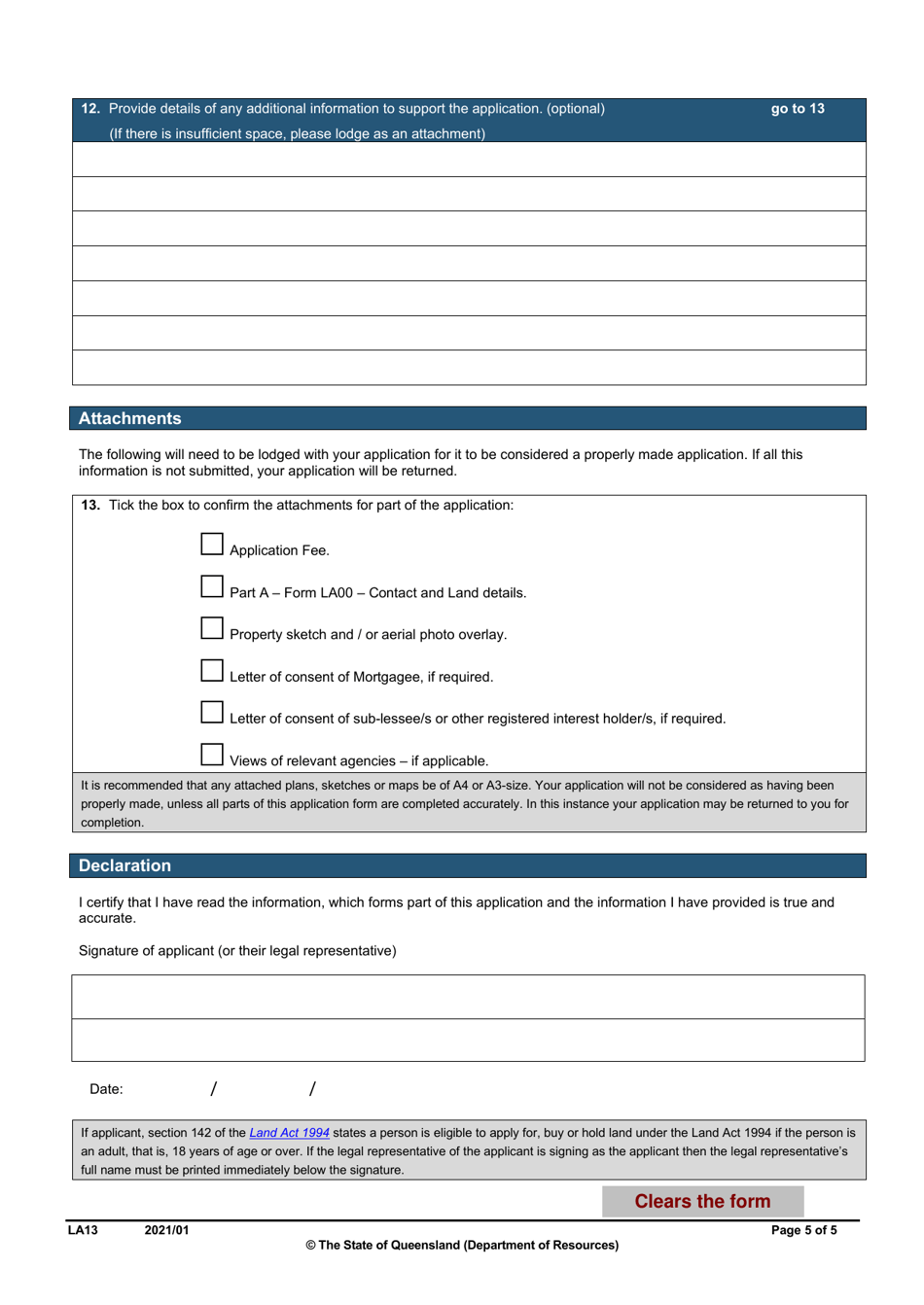 Form LA13 Part B Application for a Lease to Be Used for Additional or Fewer Purposes and / or Change Conditions of a Lease, Licence or Permit to Occupy - Queensland, Australia, Page 5