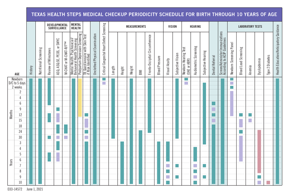Form E03-14572 Texas Health Steps Medical Checkup Periodicity Schedule for Birth Through 10 Years of Age - Pocket-Sized - Texas