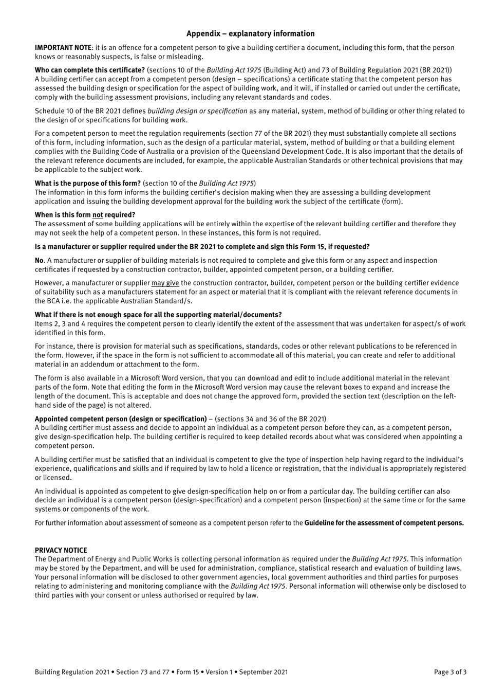 Form 15 Compliance Certificate for Building Design or Specification - Queensland, Australia, Page 3