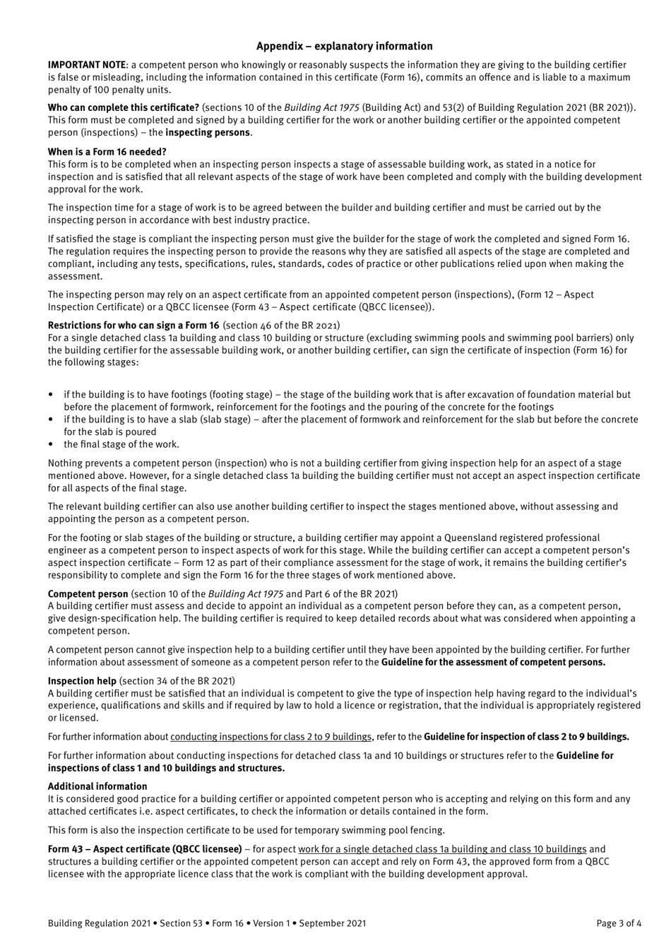 Form 16 Inspection Certificate - Queensland, Australia, Page 3